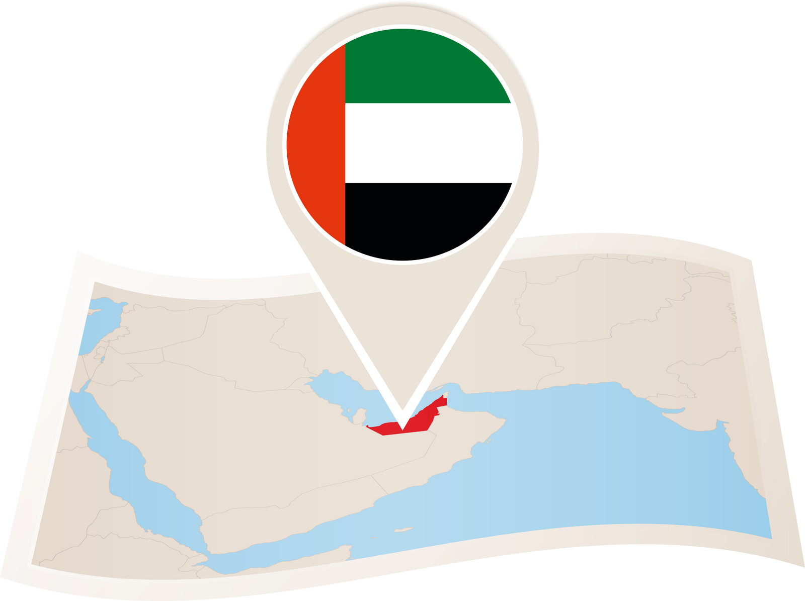 Folded paper map of United Arab Emirates with flag pin of UAE.